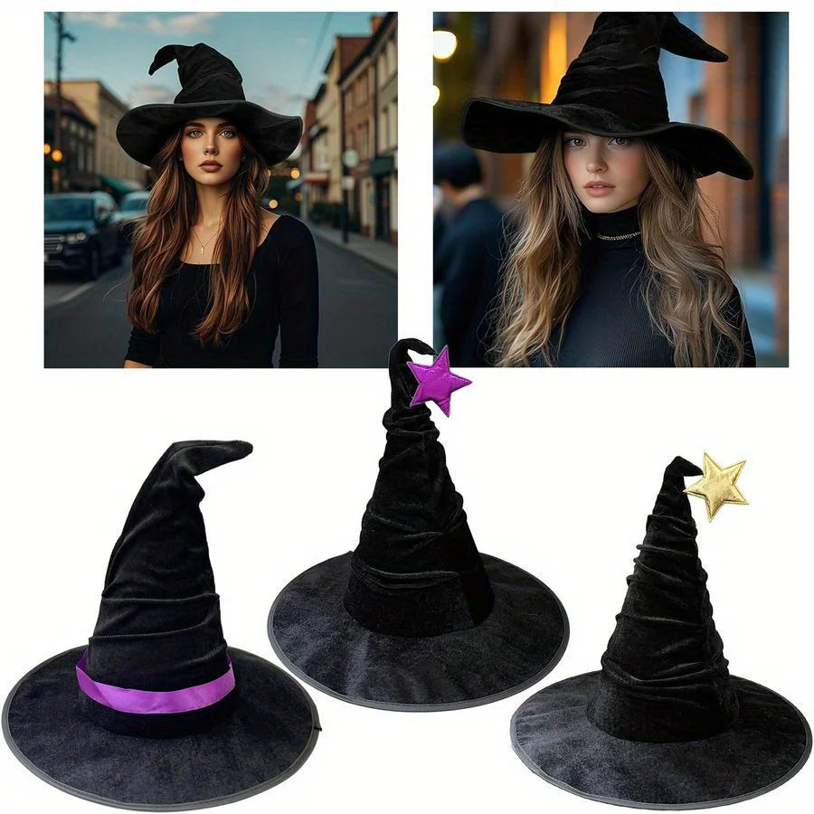 Halloween crumpled witch hat black velvet style, polyester costume accessories