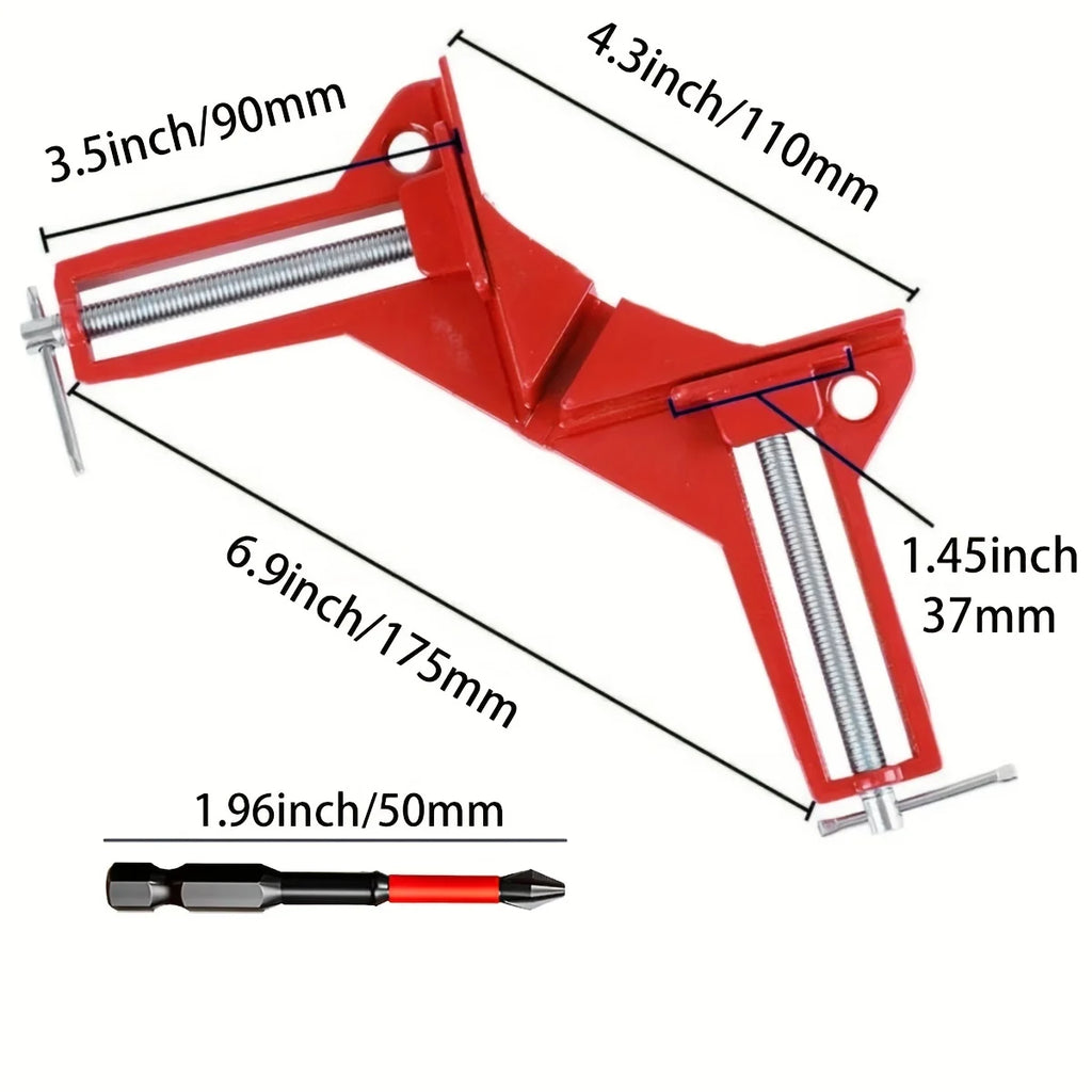 Red clamp with measurements on a white background