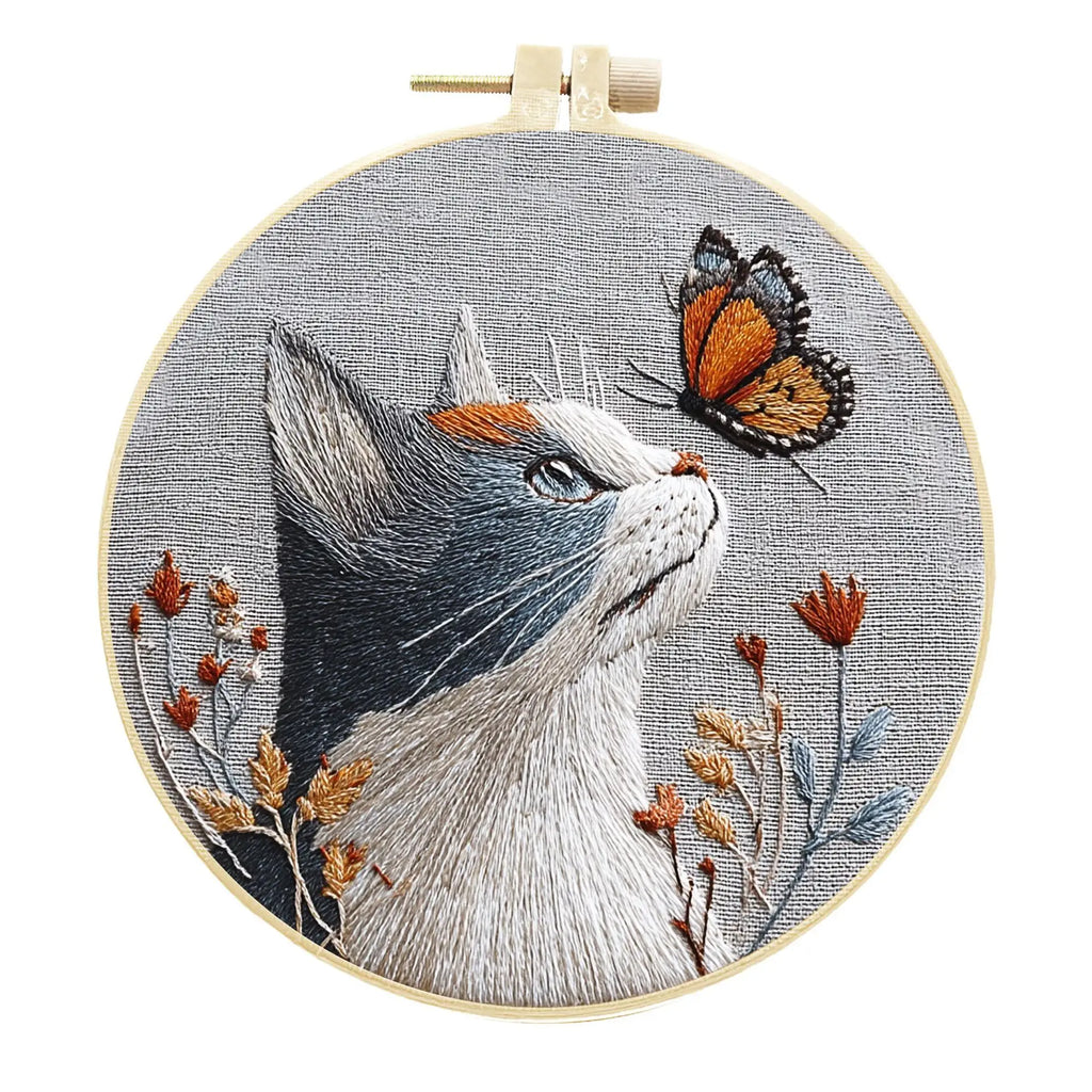 Embroidery Kit, Cat, Flowers & Butterfly Designs for Beginner Hoop Art