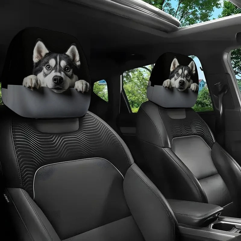2pcs Husky Dog Print Car Headrest Cover Cute Husky Face Design Easy Installation