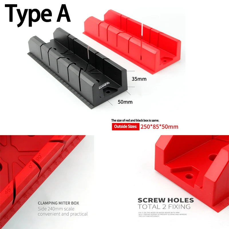 Type A clamping miter box shown in black and red on a white background, with dimension labels of 35mm and 50mm and text noting outside size 250*85*50mm. The image includes close-up detail views and text describing two screw holes.