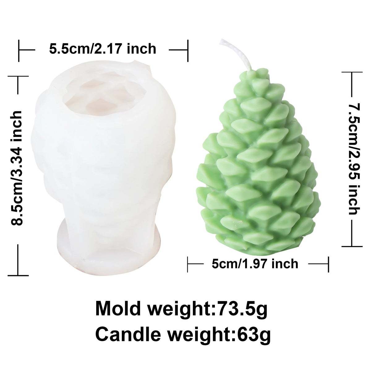 Pine cone candle mold - with measurements and weight details on a white background.