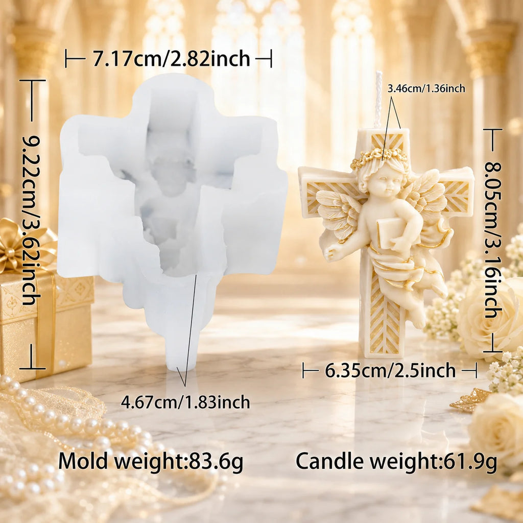 Cherub cross mold and example candle diagram with separate tool and casting dimensions and weights