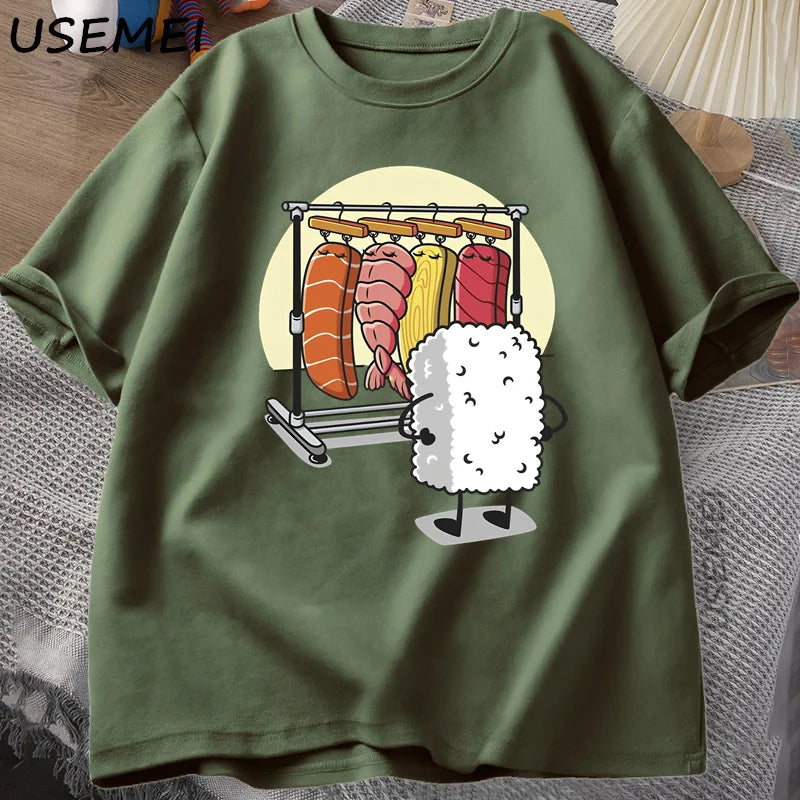 T-Shirt Sushi Wardrobe Funny Rice Ball Graphic Cotton Short Sleeve Unisex Tee