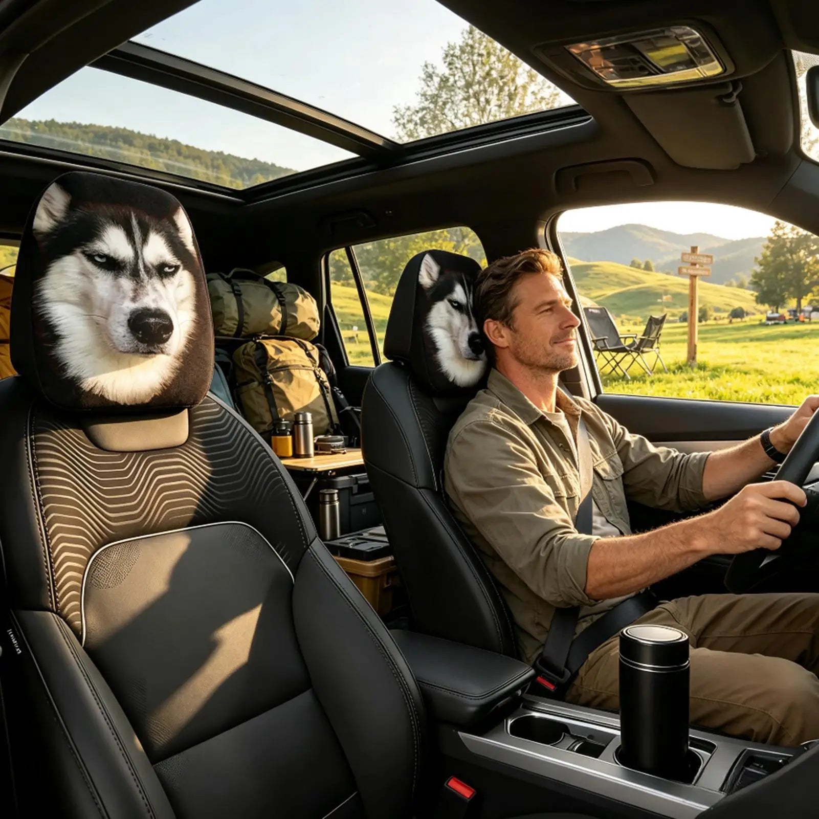 A man driving a vehicle with husky-shaped headrest pillows on both front seats, with a scenic outdoor landscape visible through the sunroof and windows.