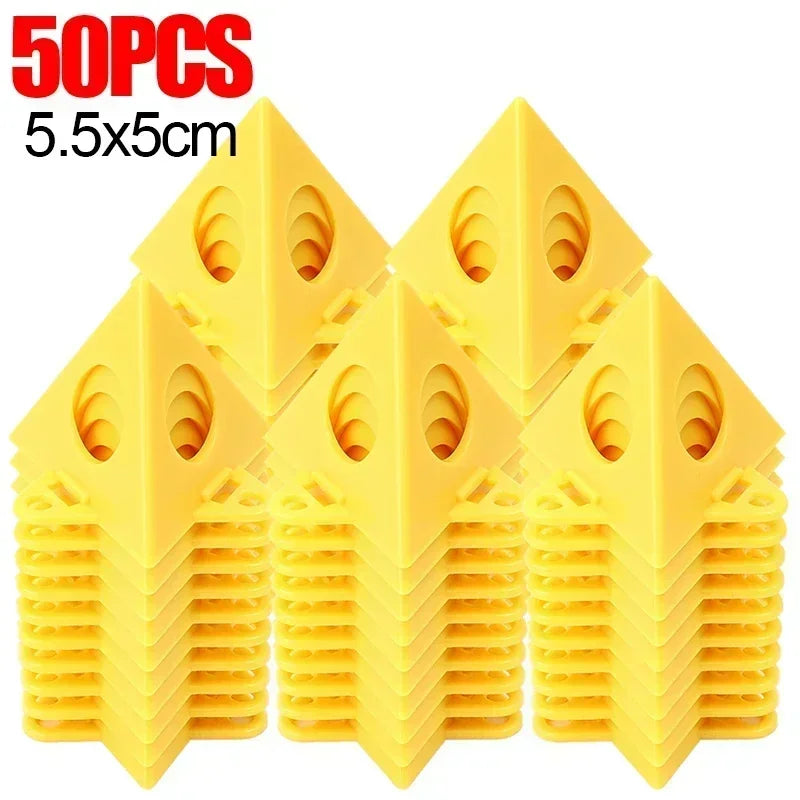 Five stacks of bright yellow plastic pyramid-shaped pieces, each piece measuring 5.5x5cm, arranged on a white background with red and black text reading '50PCS' and '5.