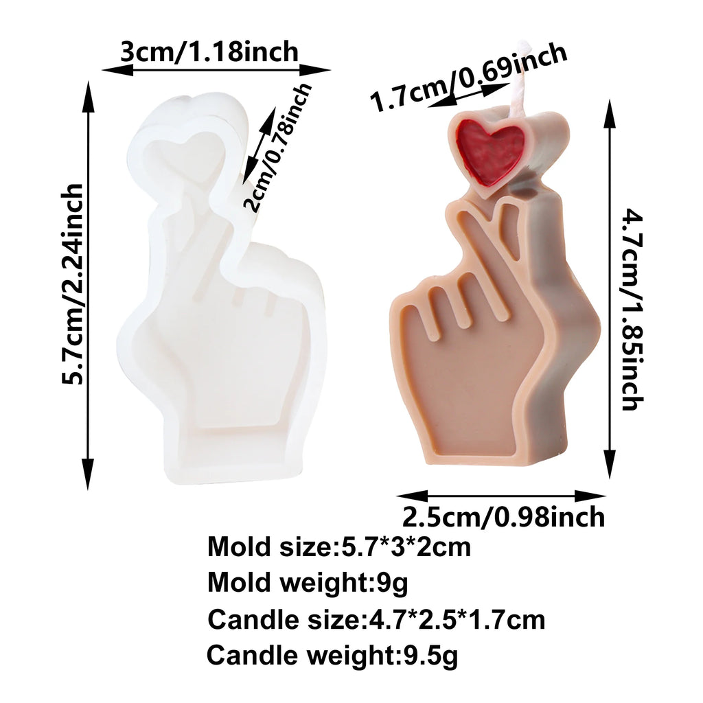 A product diagram showing a silicone mold and candle in the shape of a hand with a red heart on top, with multiple dimension labels and text listing mold and candle measurements and weights on a white background.
