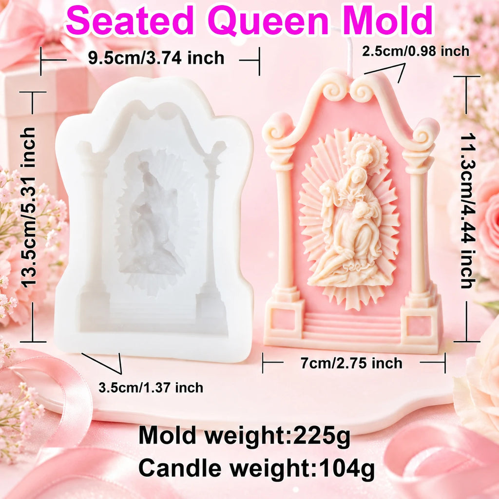 Seated Queen shrine diagram with mother-and-child casting and separate tool and example measurements