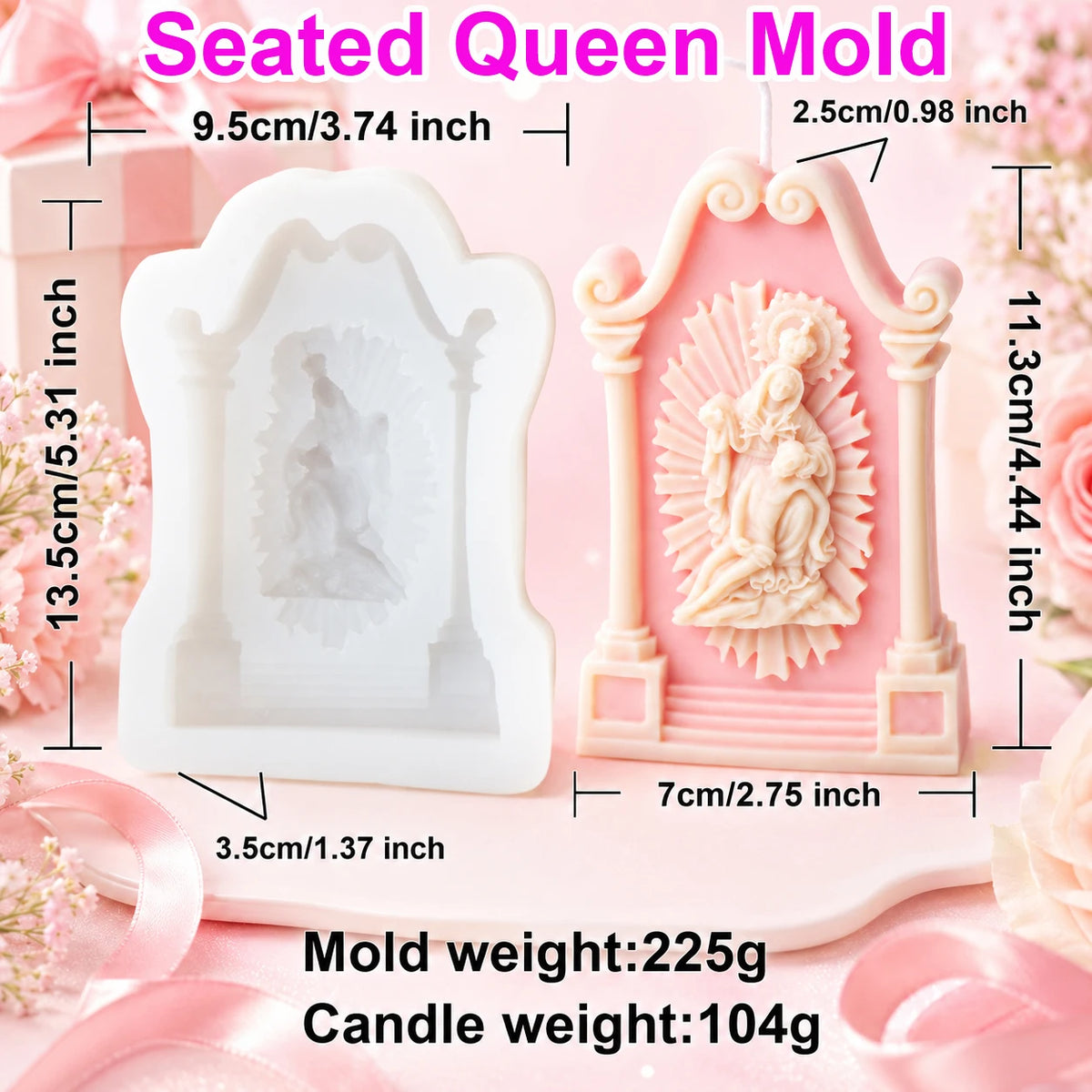 Seated Queen shrine diagram with mother-and-child casting and separate tool and example measurements