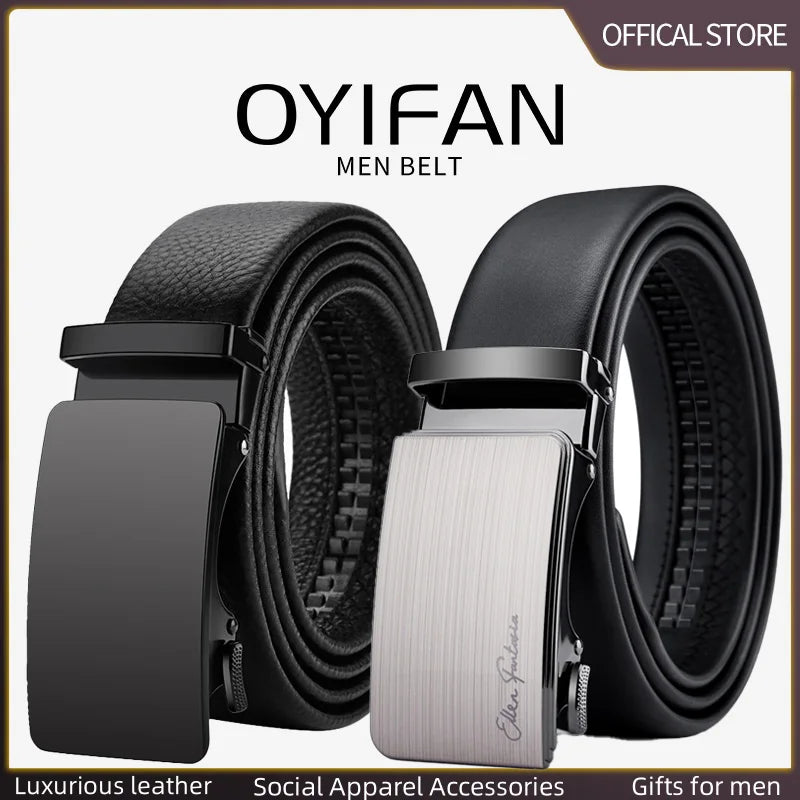 Men's Ratchet Leather Belt Alloy Automatic Buckle for Jeans, Dress & Business