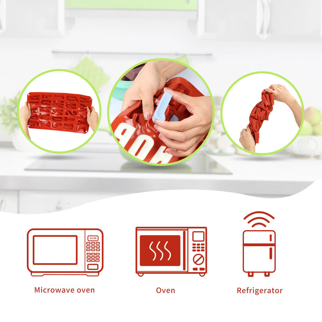 Alphabet mold collage showing flexing and demolding alongside supplier microwave, oven and refrigerator icons