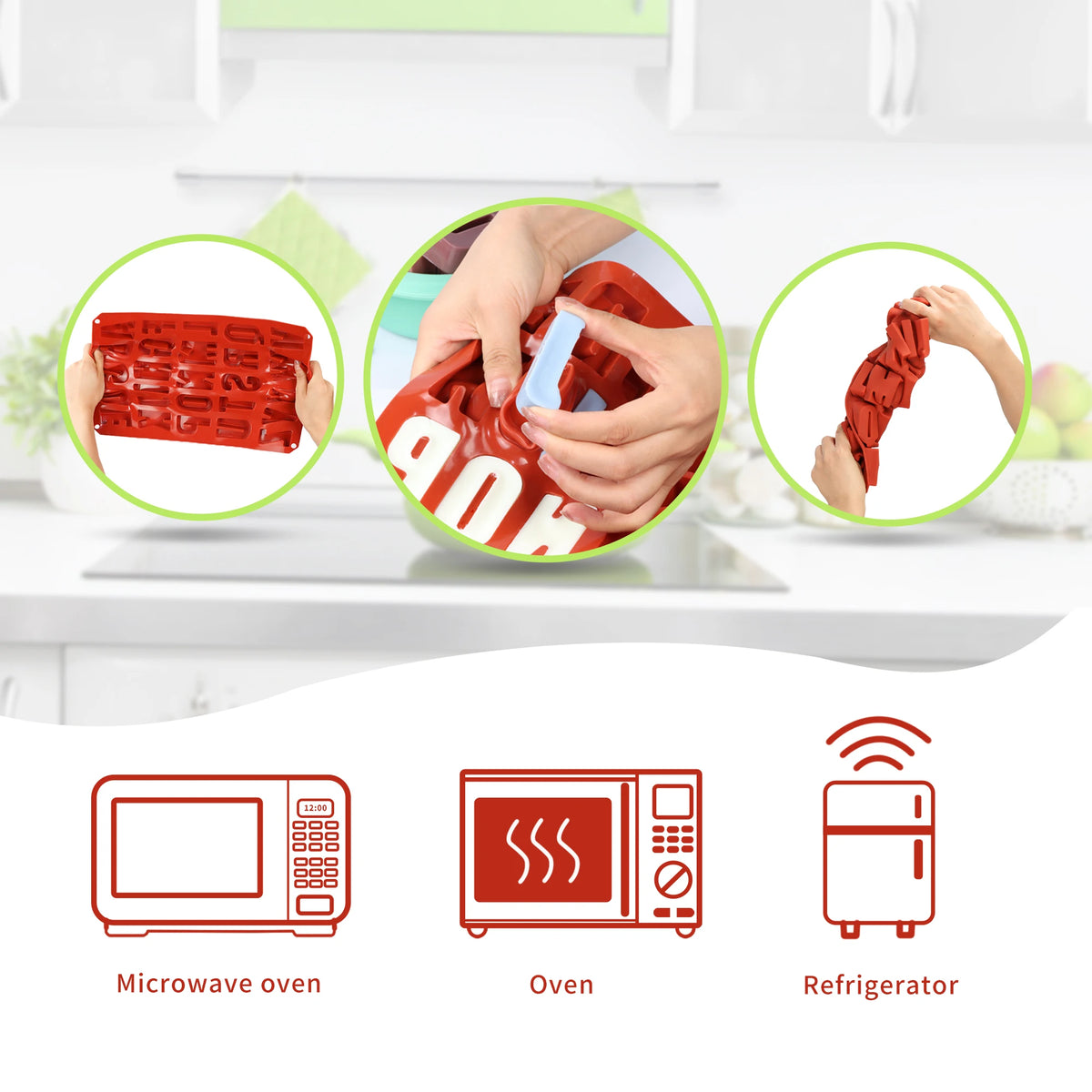 Alphabet mold collage showing flexing and demolding alongside supplier microwave, oven and refrigerator icons