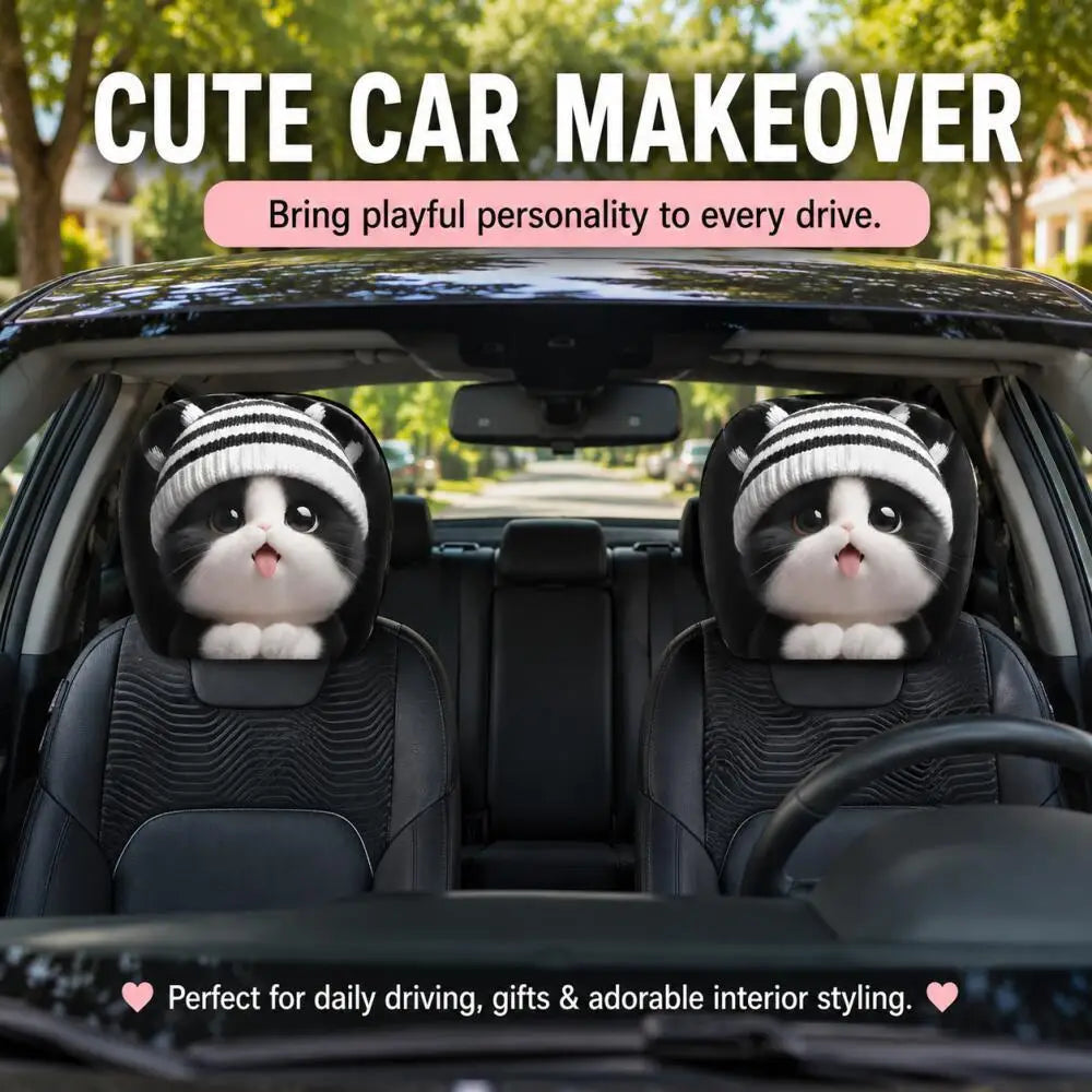 Two black car seat covers with cat face designs and striped knit hats displayed on the front seats of a car interior, with promotional text overlays.