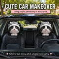 Two black car seat covers with cat face designs and striped knit hats displayed on the front seats of a car interior, with promotional text overlays.