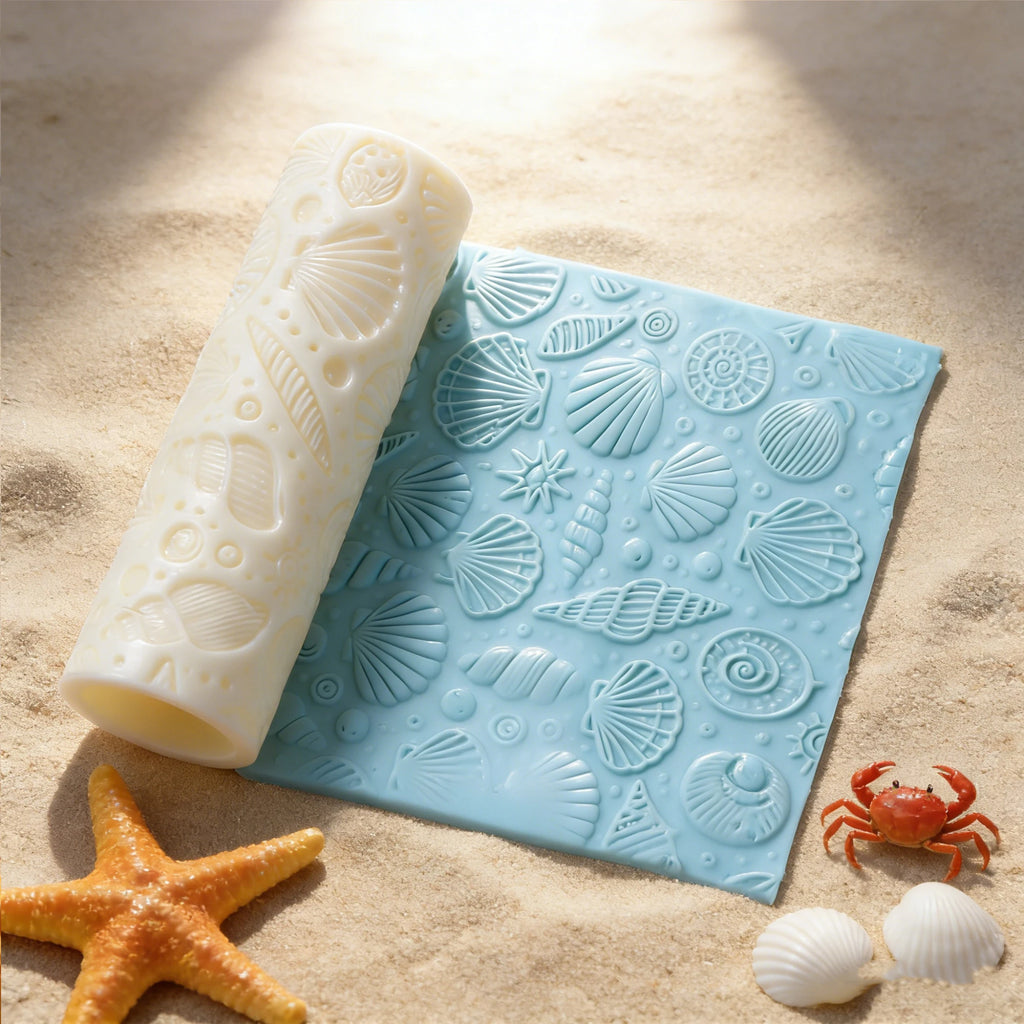 Seashell embossing roller beside a blue shell-pattern relief panel with starfish and shell props