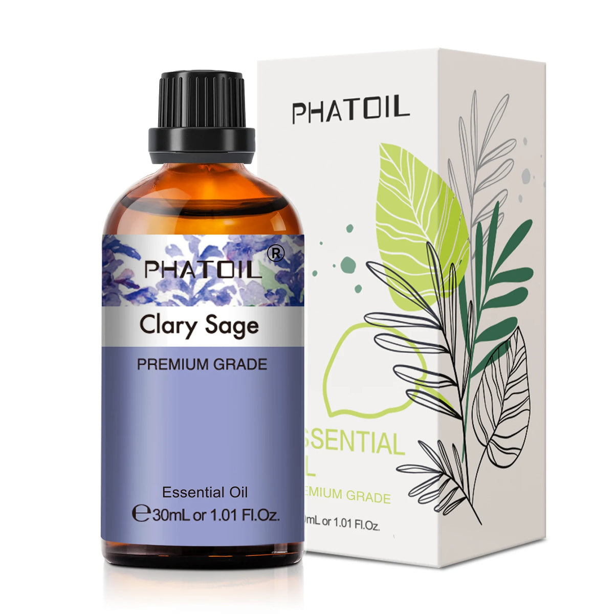 Phatoil Clary Sage essential oil bottle and packaging on a white background