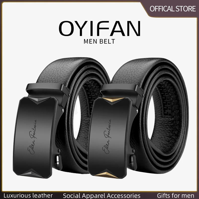 Men's Ratchet Leather Belt Alloy Automatic Buckle for Jeans, Dress & Business