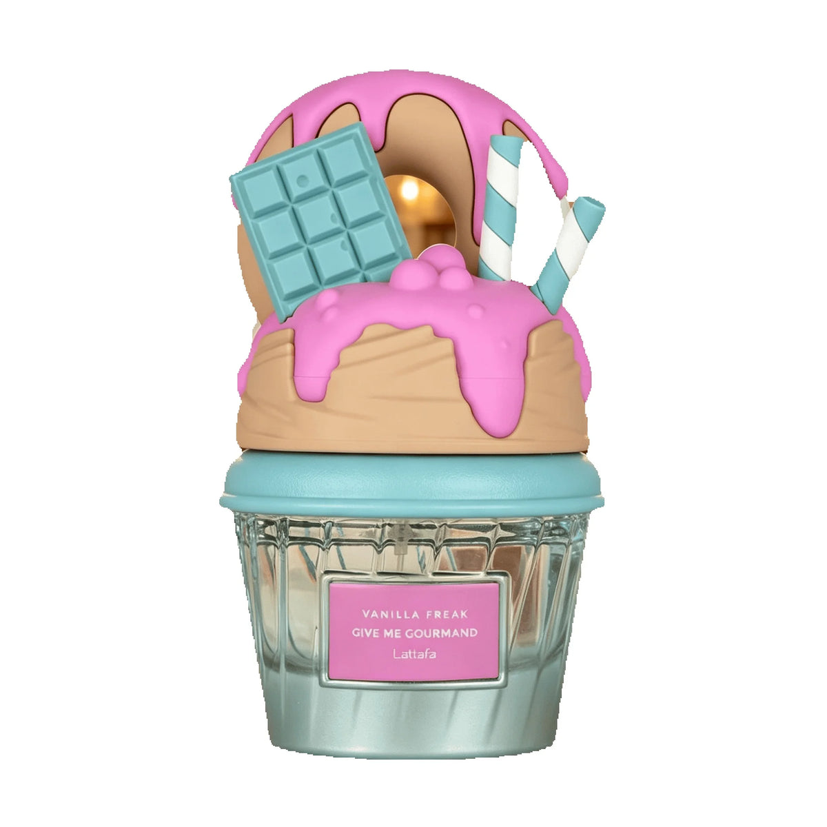 A novelty cupcake-shaped Lattafa perfume bottle labeled 'VANILLA FREAK OYE ME COURMANDO' by Lattafa. The bottle features a light blue wrapper, pink frosting, a tan cake layer, a blue chocolate bar, a gold donut, and two blue-and-white striped straws on a plain white background.