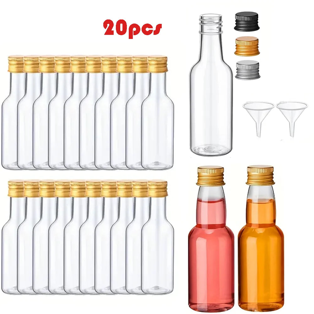 Mini Bottles Empty Plastic Gold Silver or Black Caps with Funnels 20 Pack
