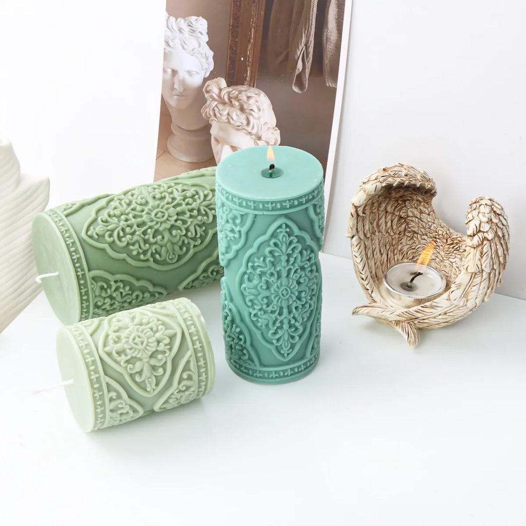 Vintage Floral Totem Cylinder Candle Silicone Mold DIY Creative Embossed Lace Pillar Candle Plaster Making Supplies Mould