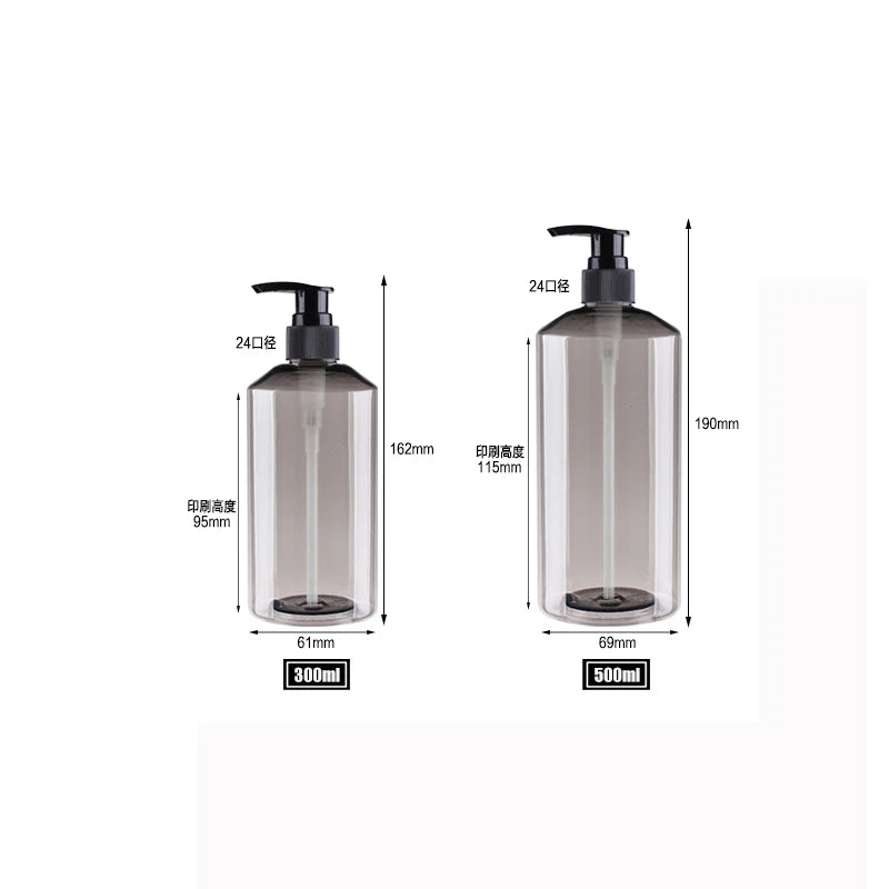 Pump bottle dimension diagram: 300 mL bottle 162 by 61 mm and 500 mL bottle 190 by 69 mm