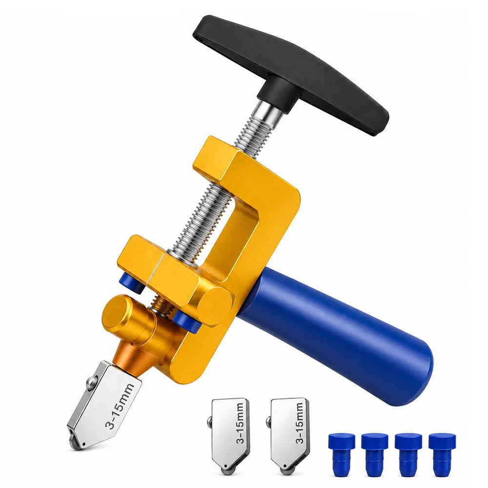 A glass cutter with a black T-handle, gold anodized metal body, and blue handle grip, shown with three silver metal needles and five blue tips on a white background.