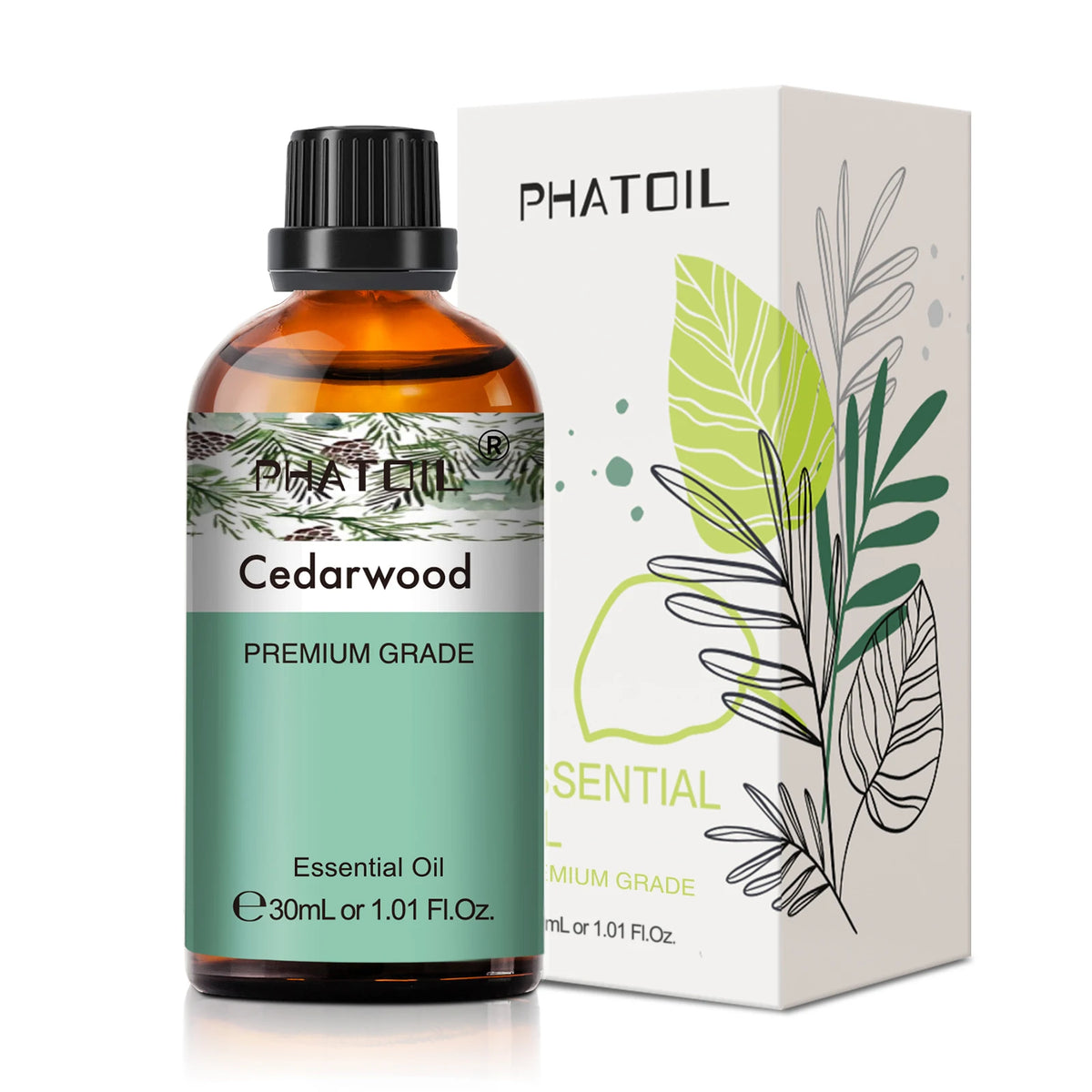 Cedarwood essential oil bottle with packaging on a white background