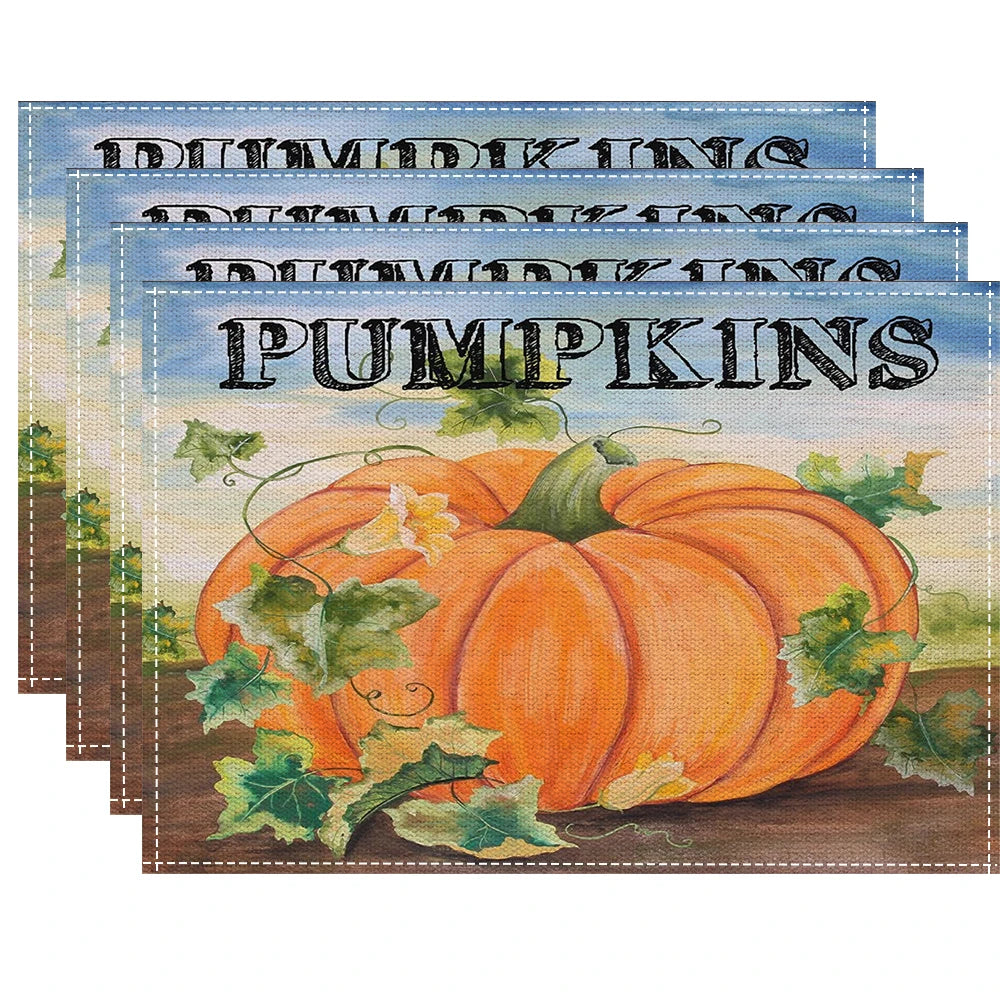 Fall Thanksgiving Linen Placemats, 13 Designs, Sets of 4/6/8, 16.5x12.6 in