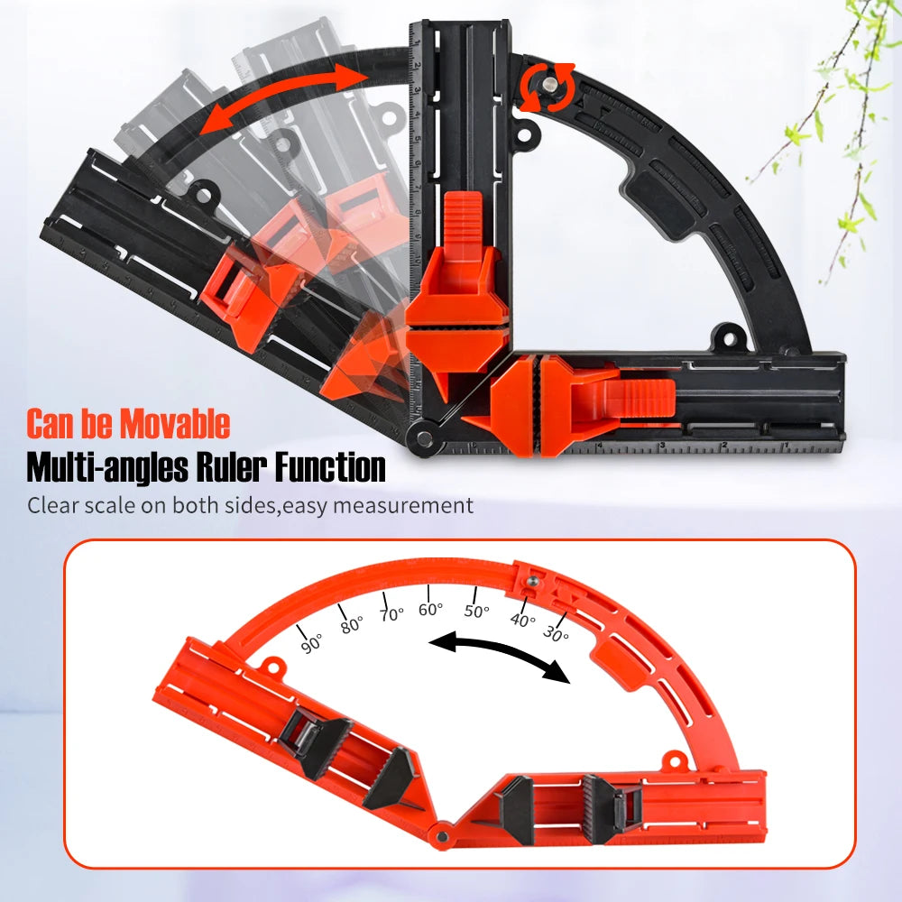A black and orange multi-angle square ruler set shown in two explanatory views on a light background. The top view shows the tool assembled at multiple angles with arrows indicating movement and text reading 'Can be Movable' and 'Multi-angles Ruler Function.