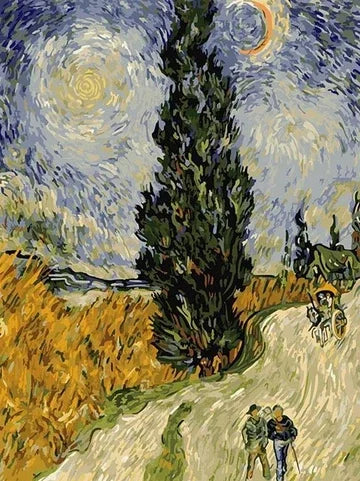 Painting of a starry night landscape with cypress tree and two figures by Vincent van Gogh.