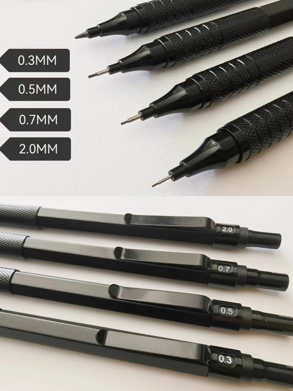 Metal Mechanical Pencil & Lead Refills — 0.3 to 2.0mm, Black or Silver