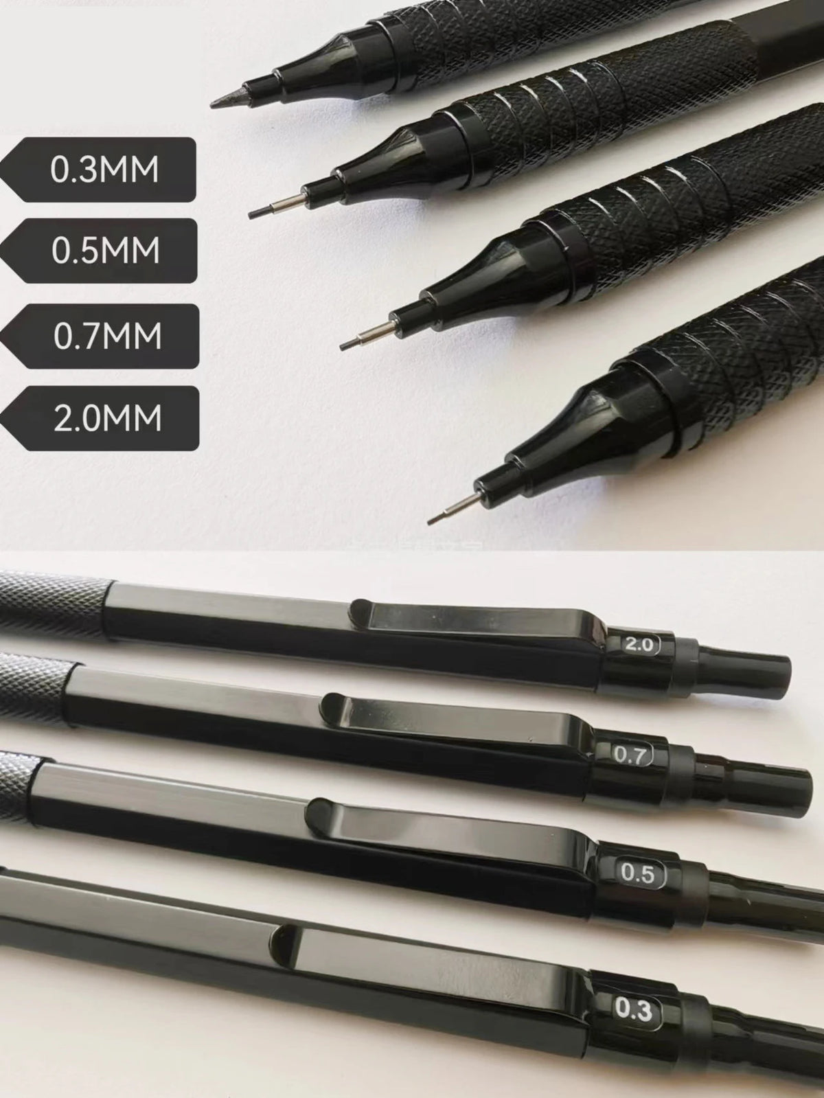 Metal Mechanical Pencil & Lead Refills — 0.3 to 2.0mm, Black or Silver