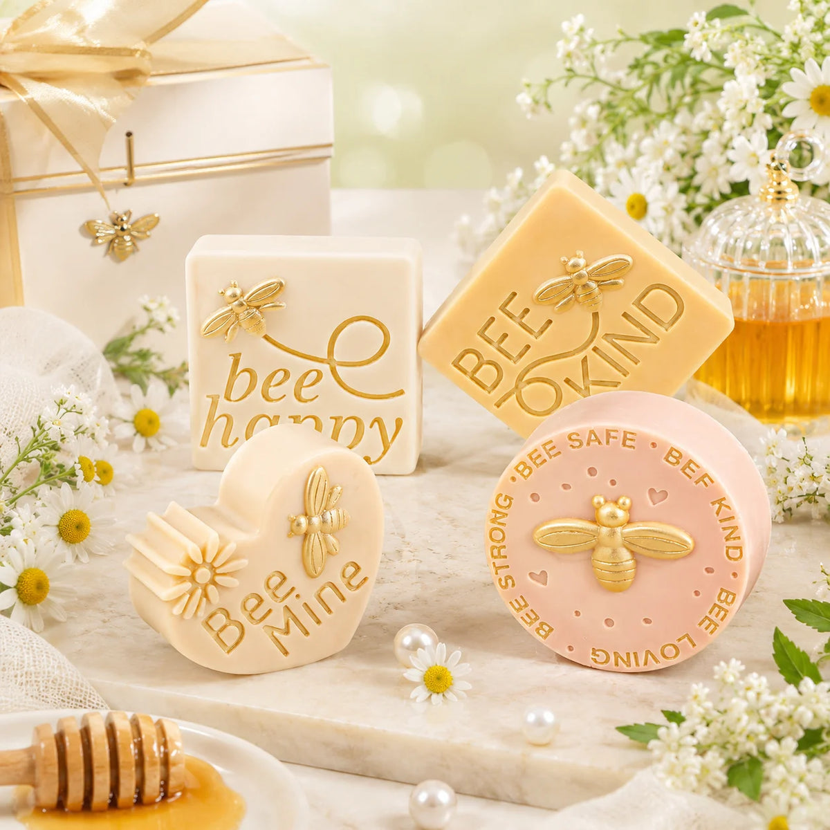 Bee quote casting examples with gold-colored lettering and bee details beside flowers and gift boxes