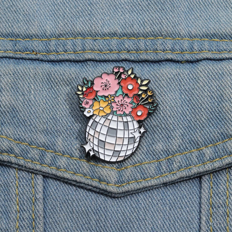 Flower Disco Shining Ball Enamel Pins Custom Bouquet Of Flowers Music Brooches Lapel Badges Jewelry Gift For Fans Friends