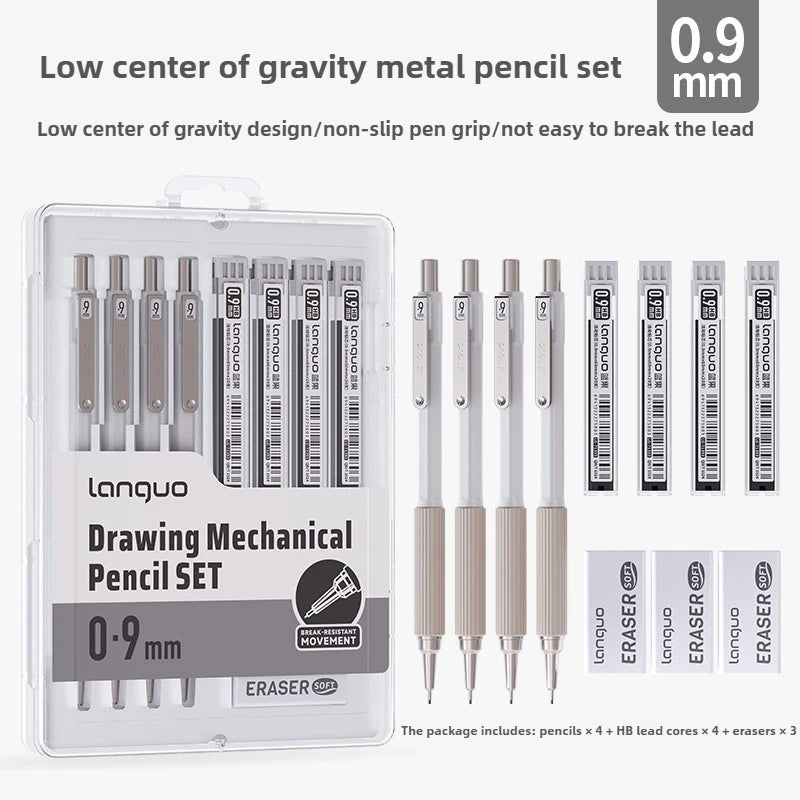 LANGUO Metal Mechanical Pencil Set with Leads & Eraser — 0.3 to 0.9mm