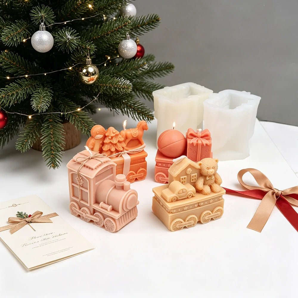 3D Christmas Train Silicone Candle Mold, 4 Carriages Bear Gingerbread Man Gift Box Design Soap Mold DIY Xmas Home Decor Gift