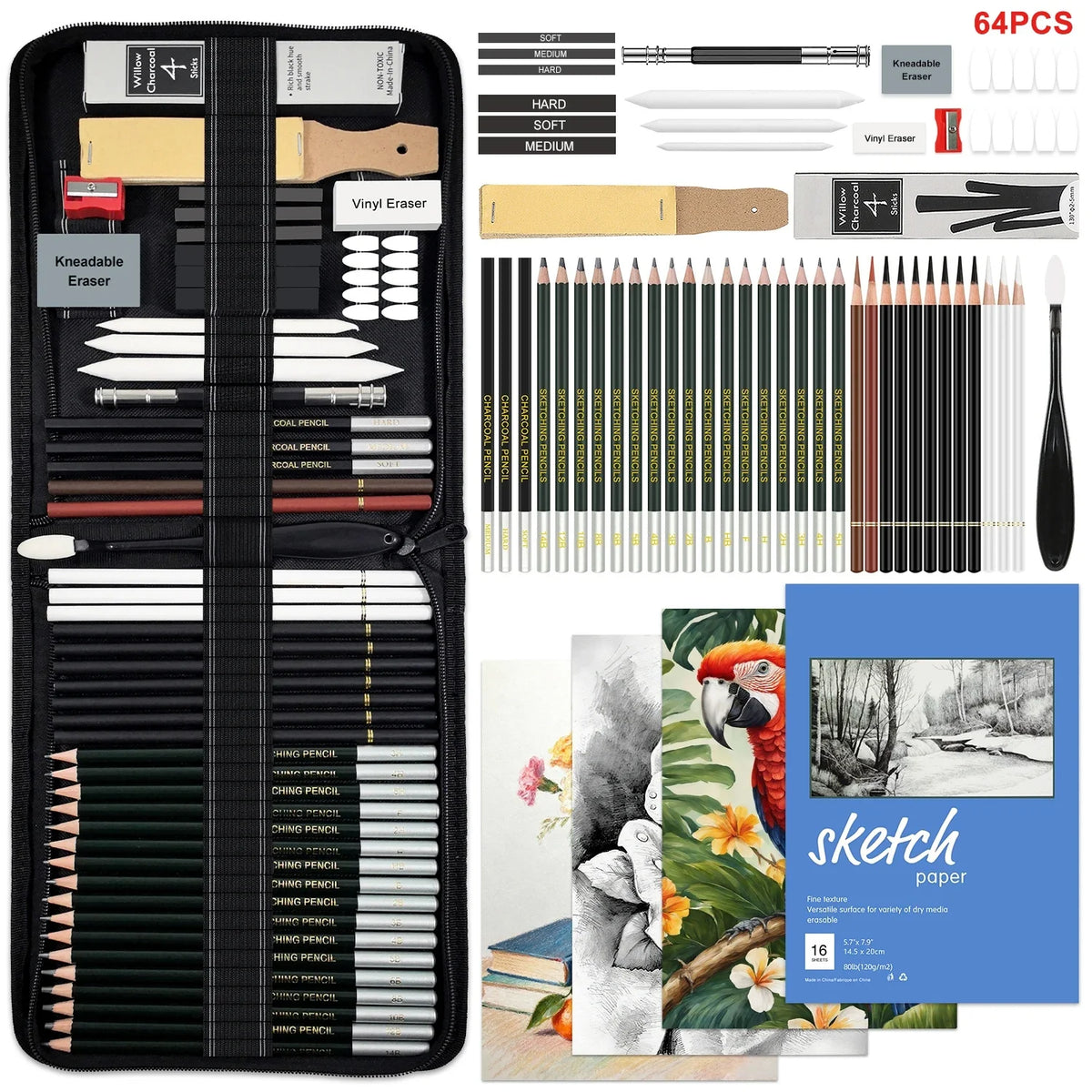 Sketching & Drawing Set with Graphite, Charcoal & Blending Tools