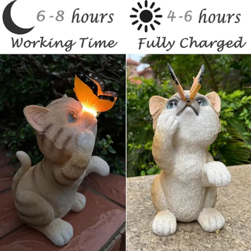 A split-panel product image showing a small cat-shaped garden light or ornament in daylight and darklight. The left panel shows the lit version at dusk, with a glowing orange butterfly detail and text reading '6-8 hours Working Time.