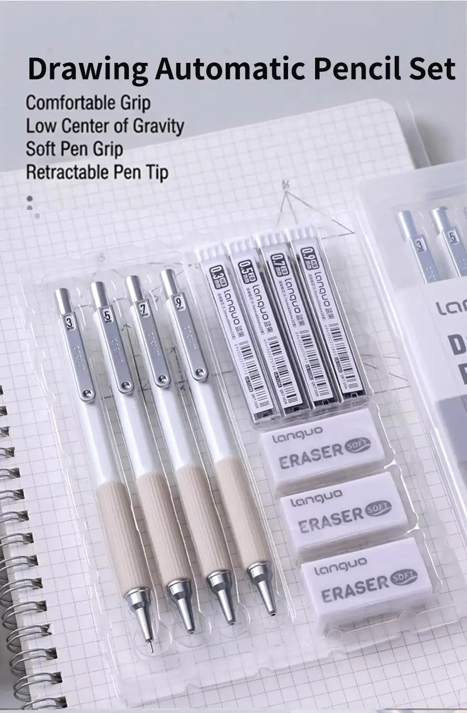 Metal Mechanical Pencil Set, HB — 4 Sizes with 80pc Lead Refills & Case
