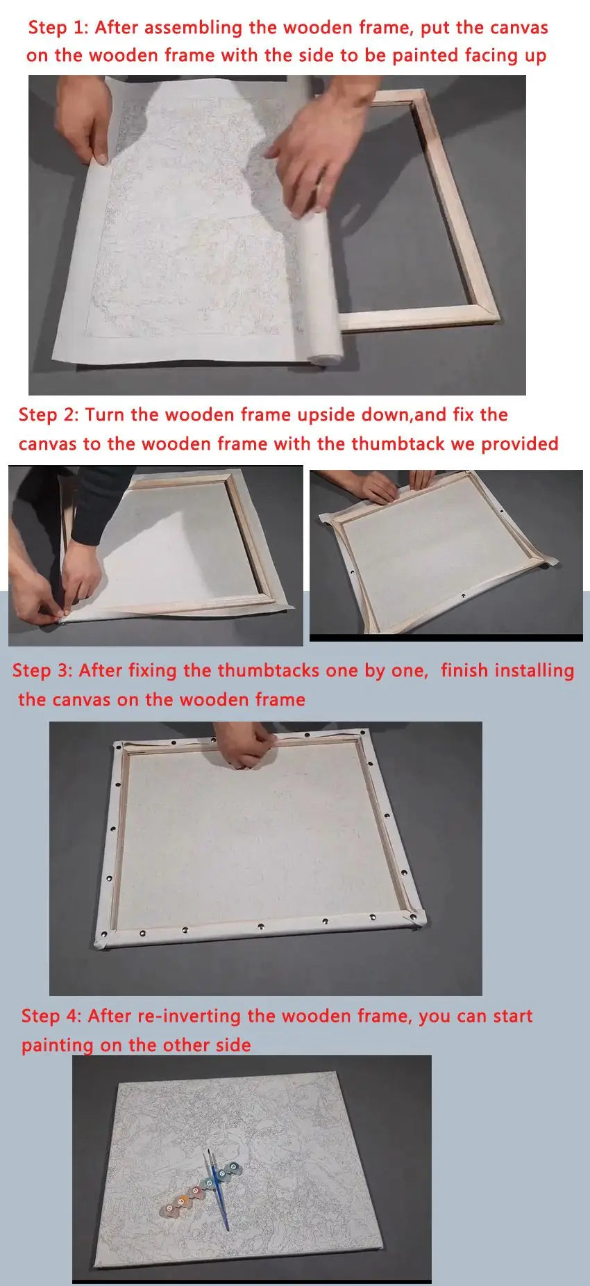 Step-by-step guide on assembling a wooden frame with canvas, showing hands performing each step.