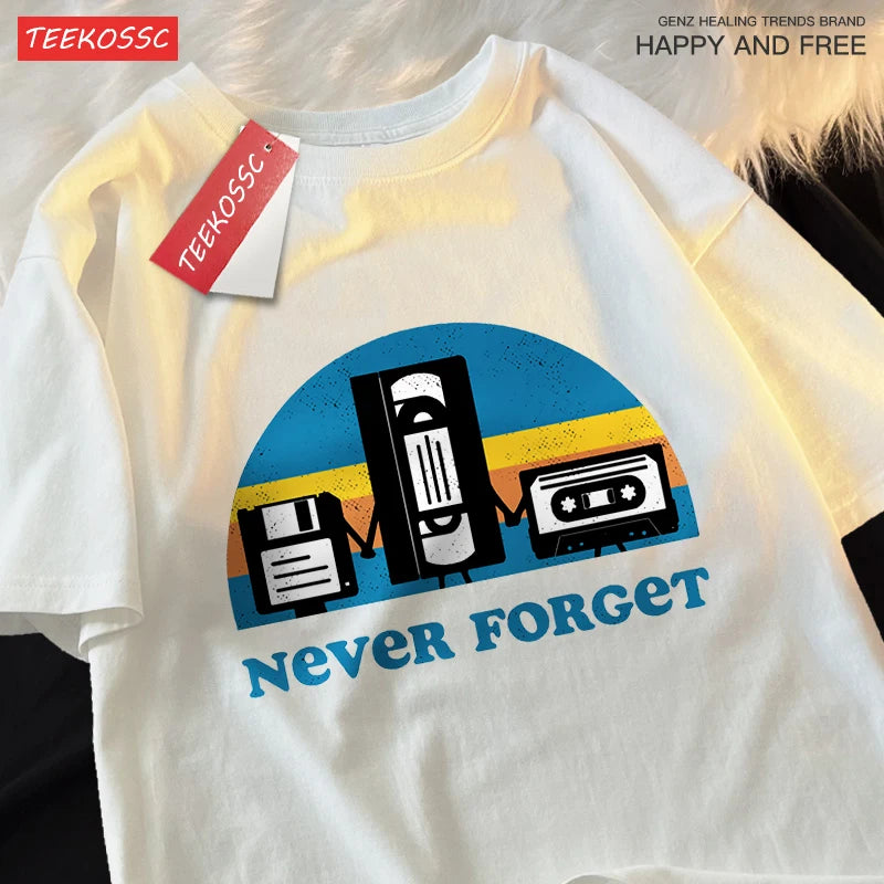 T-Shirt Unisex Never Forget Retro Tech Floppy VHS Cassette Vintage Graphic Tee