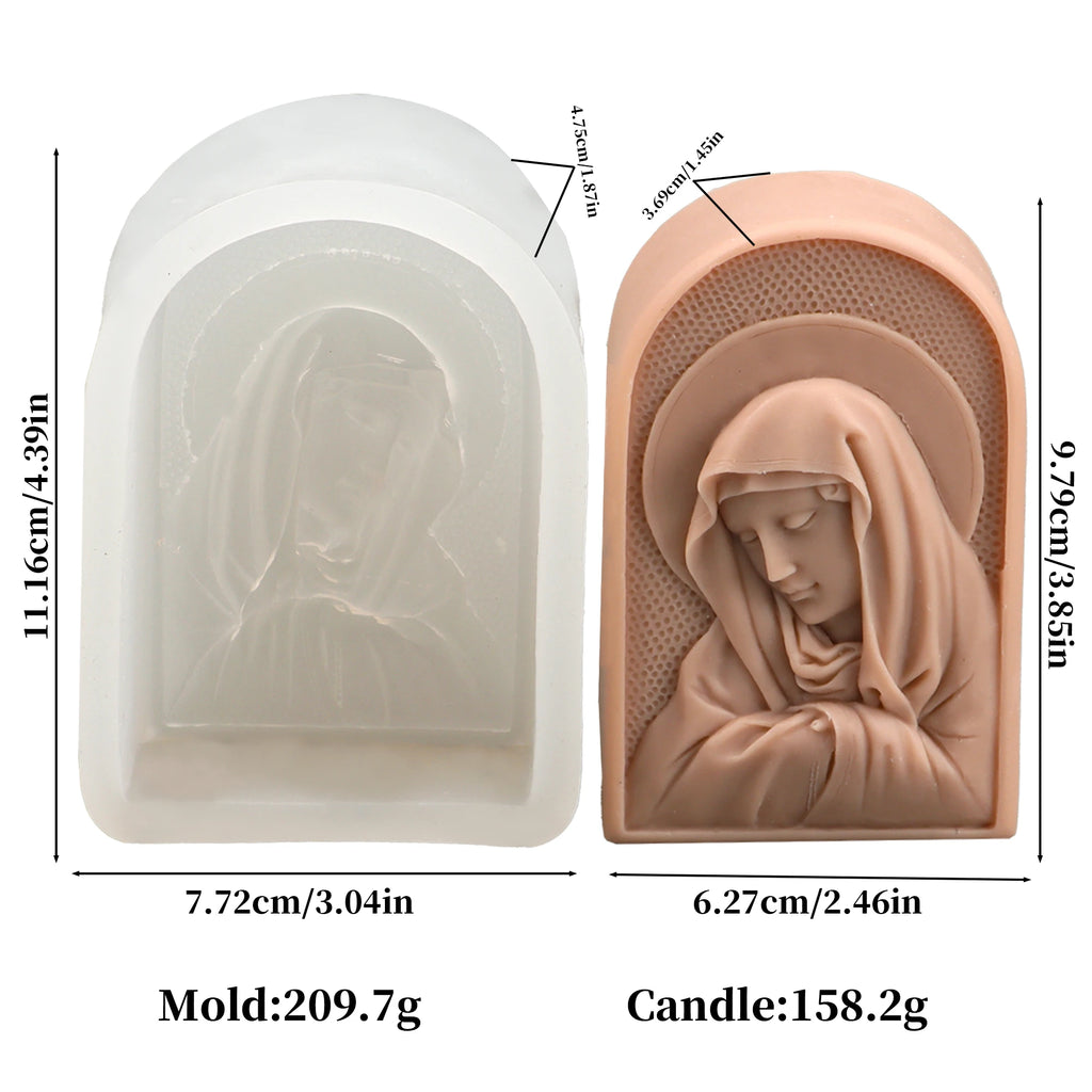 Praying Virgin Mary arched relief mold and example casting diagram with separate dimensions and weights