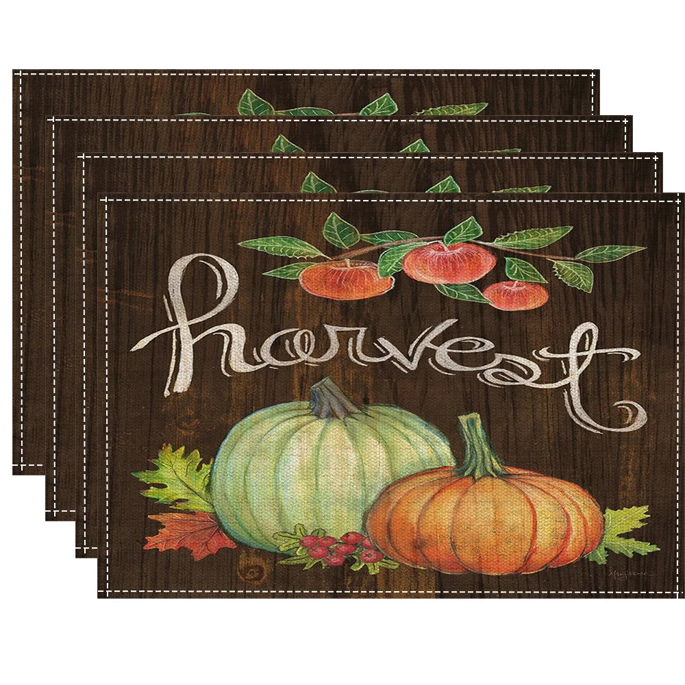 Fall Thanksgiving Linen Placemats, 13 Designs, Sets of 4/6/8, 16.5x12.6 in