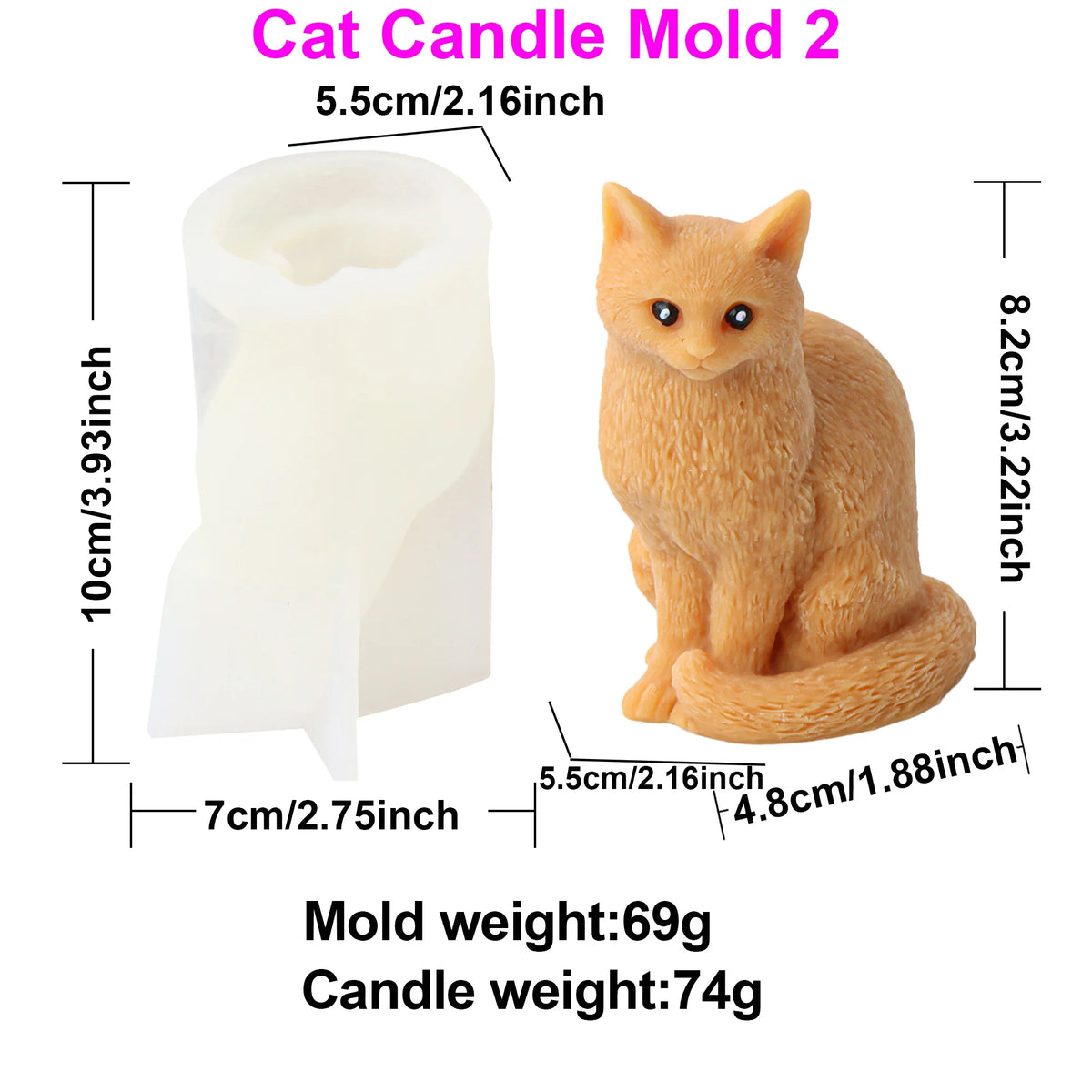 A product diagram showing a white cat-shaped candle mold next to a tan/orange cat figurine, with dimension labels and text stating 'Cat Candle Mold 2' and weights.