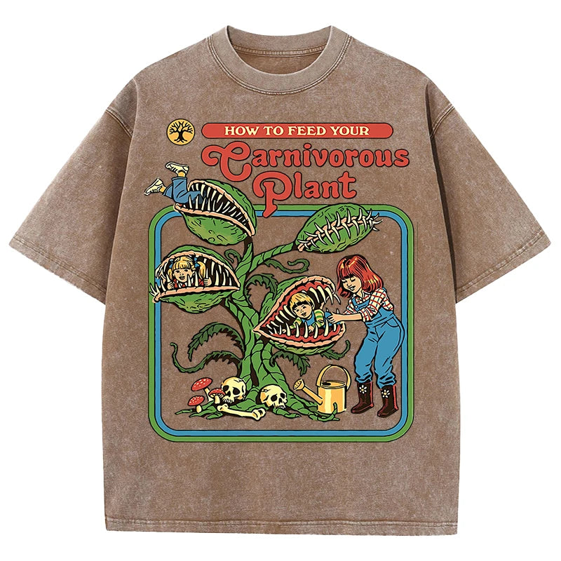 T-Shirt Unisex Carnivorous Plant Print Washed Cotton Crewneck Short Sleeve