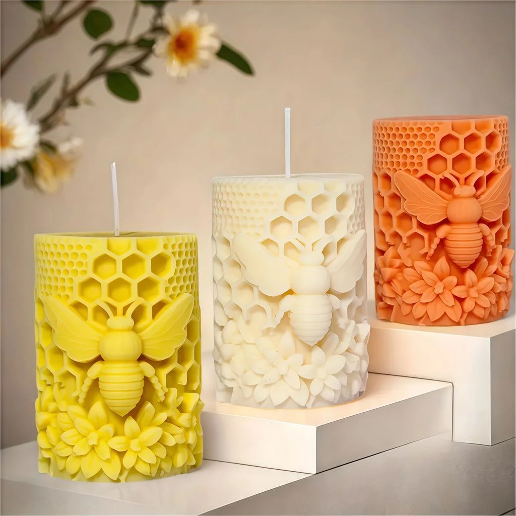 3D Honeycomb Pillar Candle Silicone Mold DIY Embossed Bee and Flower Honeycomb Cylinder Aromatherapy Candle Plaster Mold Decor