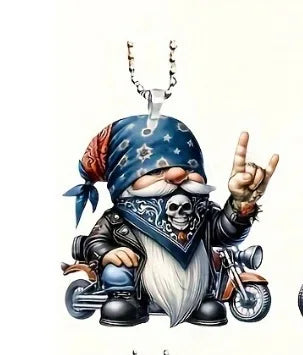 A biker-themed gnome pendant necklace featuring a cartoon gnome with a long white beard, a blue bandana with a skull print, and a motorcycle, shown on a plain white background.