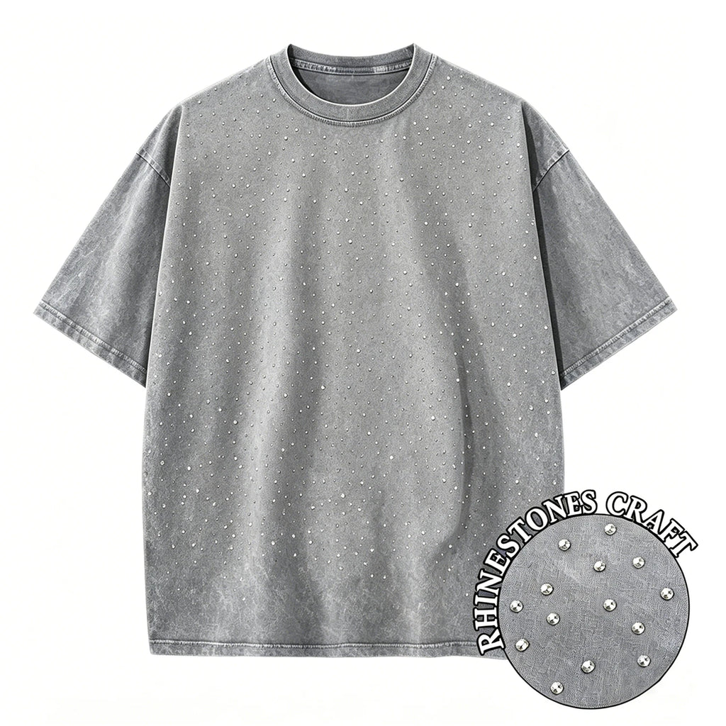 T-Shirt Unisex Rhinestone Acid Wash 100% Cotton Retro Punk Loose Hip Hop Tee