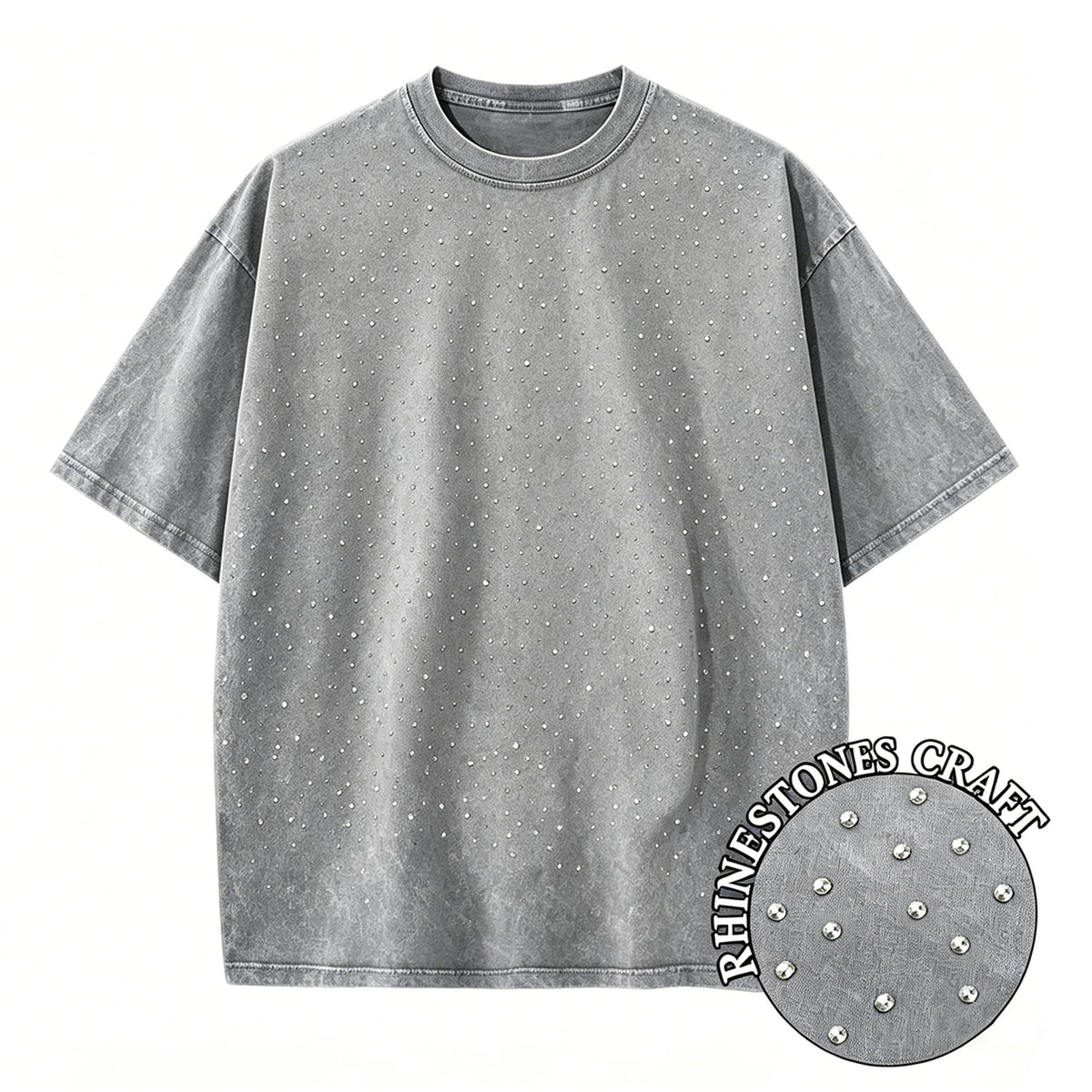 T-Shirt Unisex Rhinestone Acid Wash 100% Cotton Retro Punk Loose Hip Hop Tee