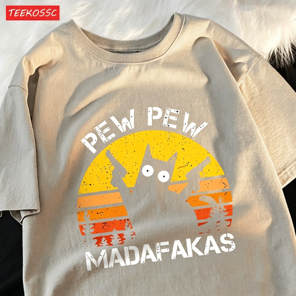 T-Shirt Unisex Pew Pew Madafakas Black Cat Retro Sunset Funny Graphic Tee